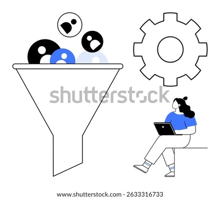 Funnel filtering diverse user avatars, large gear representing process optimization, person using laptop. Ideal for marketing strategies, customer acquisition, productivity, automation, analytics