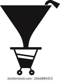 Funil filtrando líquido em um recipiente com rodas