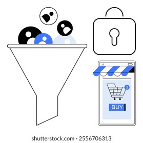 Funnel filtering users into an e-commerce system, secure shopping cart, shopping lock icon. Ideal for digital marketing, e-commerce, conversion optimization, online security, customer acquisition