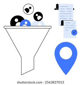 Funnel filters diverse user profiles with a checklist and location pin beside it. Ideal for data processing data management user filtering smart organization accurate tracking and analysis