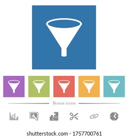 Funnel flat white icons in square backgrounds. 6 bonus icons included.