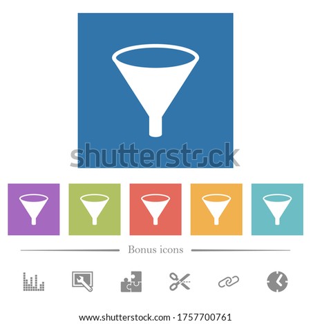 Funnel flat white icons in square backgrounds. 6 bonus icons included.