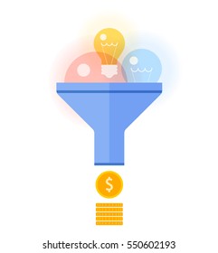 Funnel flow converts bulbs to money concept. Flat illustration of transform ideas, inspiration and innovations to income. Vector design elements for business presentations, web, social networks. 