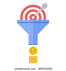 Funnel flow and targeting concept. Flat illustration of process of conversion effective marketing to money. Infographics vector elements for business presentations, publish, web, social media. 
