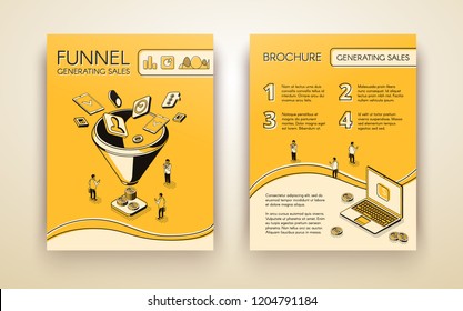 Funnel generating sales, business marketing brochure, poster or booklet isometric line art vector template or page design layout. Online sales strategy, customer behavior analytics, e-commerce flyer