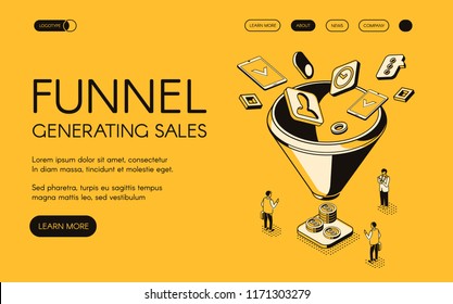 Funnel generating sales vector illustration for digital marketing and e-business technology. Trade and commerce for money profit in isometric black thin line web design on yellow halftone background