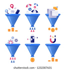 Ventas de generación de embudo. Generaciones de clientes potenciales, embudos de clasificadores de correo y optimización o conversión de la venta de tuberías lidera optimizar la ilustración de concepto de vectores de segmento ilustraciones aisladas conjunto de iconos aislados