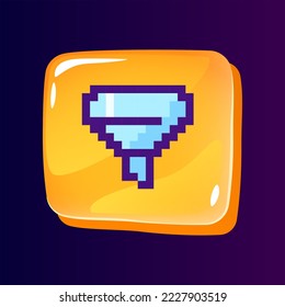 Funnel glossy ui button with pixelated color icon. Information filter. Data processing. Editable 8bit graphic element on shiny glass rectangle shape. Isolated image for arcade, video game design