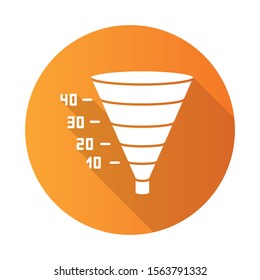 Funnel graph orange flat design long shadow glyph icon. Marketing strategy chart. Conversion economic plan. Financial report. Visualization with segments and numbers. Vector silhouette illustration