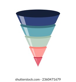 Funnel graphic with five elements. Infographic template. A marketing funnel, pyramid, or sales conversion cone. Retro colors. 5-part lead generation concept. Business presentation. Vector illustration