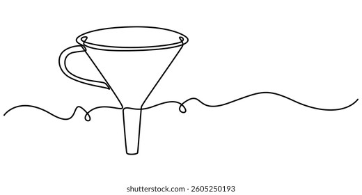 funnel with handle continuous one line drawing, Continuous line art of an oil funnel, Funnel Black Stroke Linear Icon, Filter funnel one line continuous drawing. Laboratory glass equipment continuous.