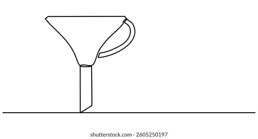 funnel with handle continuous one line drawing, Continuous line art of an oil funnel, Funnel Black Stroke Linear Icon, Filter funnel one line continuous drawing. Laboratory glass equipment continuous.