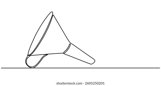 funnel with handle continuous one line drawing, Continuous line art of an oil funnel, Funnel Black Stroke Linear Icon, Filter funnel one line continuous drawing. Laboratory glass equipment continuous.