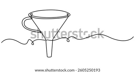 funnel with handle continuous one line drawing, Continuous line art of an oil funnel, Funnel Black Stroke Linear Icon, Filter funnel one line continuous drawing. Laboratory glass equipment continuous.