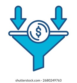 Ícone de funil em design plano monocromático azul, ilustração de vetor