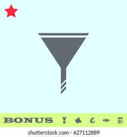 Funnel icon flat. Grey pictogram on blue background. Vector illustration symbol and bonus buttons medal, cow, earth, eye, calculator