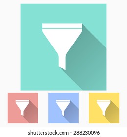 Funnel - icon is white with long shadow, flat design. Vector illustration.