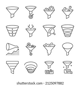 Iconos de embudo establecidos. Filtro, colección. Línea con trazo editable