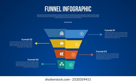 Infografía de embudo con pirámide 3D con puntero de línea de flecha con 4 puntos con estilo oscuro para el Vector de presentación de diapositivas