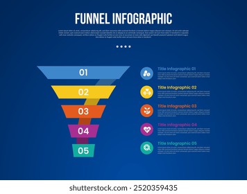 infográfico de funil com estilo de conexão de fita 3d com 5 pontos com estilo escuro para vetor de apresentação de slide