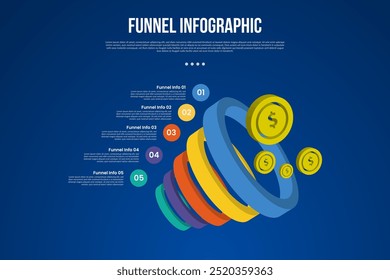 Infografía de embudo con pirámide inversa de círculo de anillo 3D con 5 puntos con estilo oscuro para Vector de presentación de diapositivas