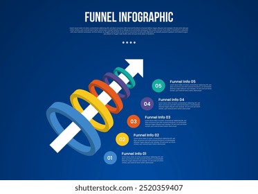 funnel infographic with 3d ring pyramid with arrow line through with 5 point with dark style for slide presentation vector