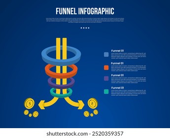 funnel infographic with 3d ring shape arrow line opposite direction with 4 point with dark style for slide presentation vector