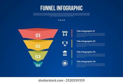 funil infográfico com 3d forma borda afiada com 4 pontos com estilo escuro para slide apresentação vetor