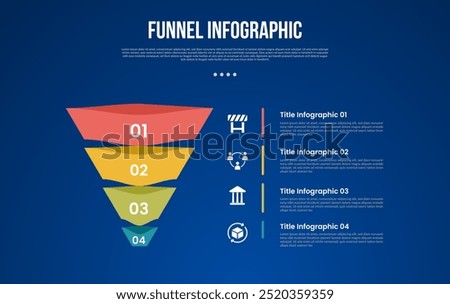 funnel infographic with 3d shape sharp edge with 4 point with dark style for slide presentation vector