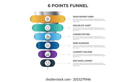 funnel infographic with 6 points, diagram, chart, layout template, can be used for digital marketing, sales, process