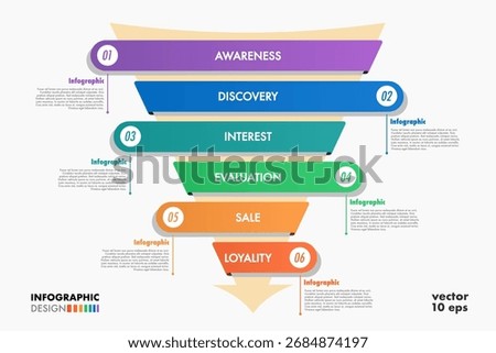 Funnel infographic 6 step cool trendy flat style for sale strategy, start up project, business strategy, presentation, theory basic operation, logic analysis vector