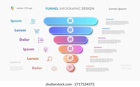 Funil infográfico 6 passo ou opção 3d glassmorphism para estratégia de negócios, apresentação, estratégia de venda, projeto de inicialização, operação básica de teoria, análise