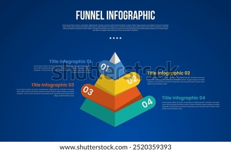 funnel infographic with creative 3d pyramid with round badge with 4 point with dark style for slide presentation vector