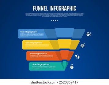 Trichter-Infografik mit kreativer gefügter Form mit Rechteck-Container mit 4 Punkt mit dunklem Stil für Dia-Präsentationsvektor