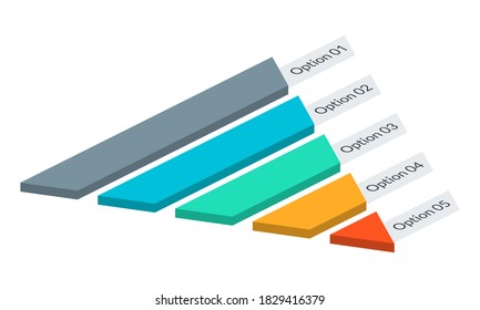 Funnel infographic design. Isometric pyramid diagram. Sales and marketing cone with 5 steps. Vector illustration.