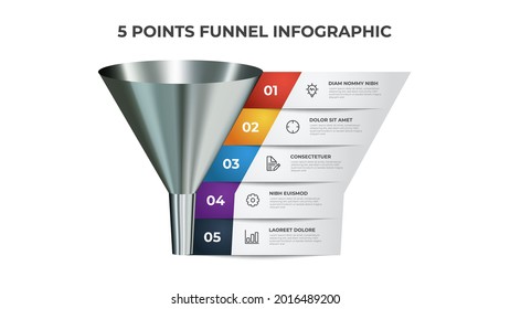 Funnel infographic diagram, chart element with 5 points, list, options, can be used for presentation, digital marketing, sales, etc.