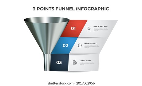 Funnel infographic diagram, chart element with 3 points, list, options, can be used for presentation, digital marketing, sales, etc.
