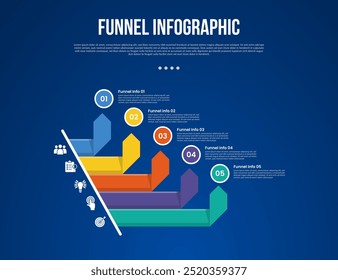 funnel infographic with flipped ribbon arrow top direction with 5 point with dark style for slide presentation vector