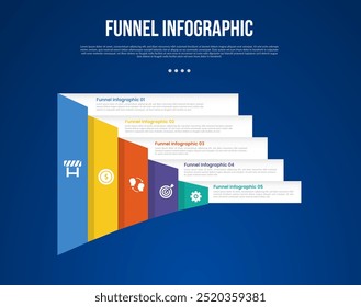 funnel infographic with horizontal direction and rectangle box container with 5 point with dark style for slide presentation vector