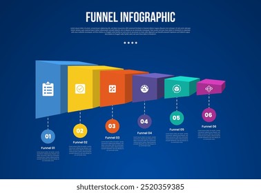 Infografía del embudo con la conexión Horizontal de la línea del círculo de la forma del embudo con 6 puntos con el estilo oscuro para el Vector de la presentación de la diapositiva