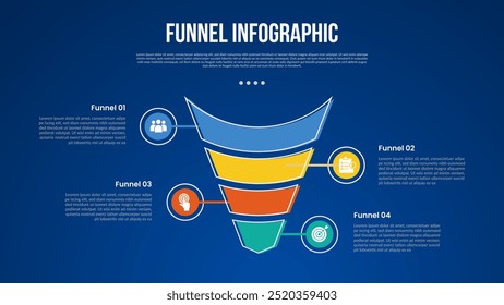 funnel infographic with round reverse pyramid with outline circle with 4 point with dark style for slide presentation vector
