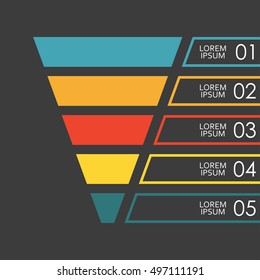 Funnel infographics template. 5 steps, options or levels funnel. Marketing, sales and business infographic design elements. Colorful vector illustration.