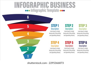 Funnel infographics template. six 6 steps, six 6 options or levels funnel. Marketing, sales and business infographic design elements. Colorful vector illustration.