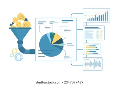 Funnel for information and idea conversion vector illustration. Cartoon filter with light bulbs and pipeline system work on creative research process with infographic diagrams and graphs results