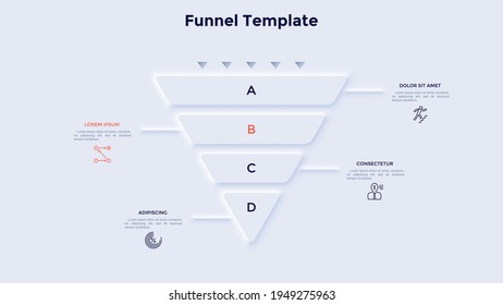 Funnel Or Inverted Pyramid Diagram With Four Separate Layers. Concept Of 4 Stages Of Business Strategy. Neumorphic Infographic Design Template. Modern Clean Vector Illustration For Presentation.