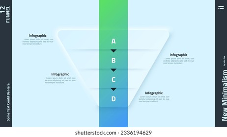 Funnel or inverted pyramid diagram with four separate layers. Concept of 4 stages of business strategy. Neumorphic infographic design template. Modern clean vector illustration for presentation.