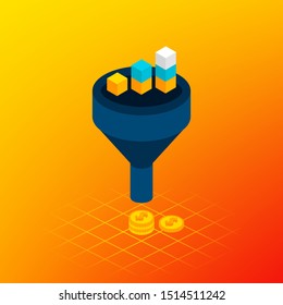 Funnel Leads Statistics Concept. Vector Illustration of Business Isometry.
