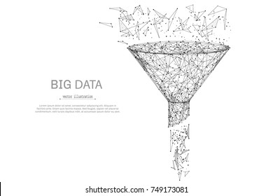 Funnel low poly wireframe isolated black on white background. Abstract mash line and point origami. Vector illustration. Big datta or sales funnel concept with geometry triangle.