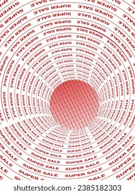 Funnel made of text. Shape sale poster. Low price, discounts. 3D shape, spiral text, poster.