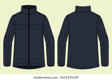 Funnel neck full zip through activewear performance sportswear navy colour jacket outline CAD mockup fashion flat sketch.
